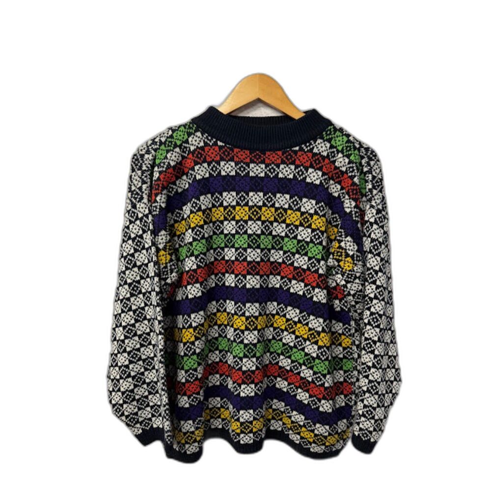 Jamie Scott VTG Sweater Pullover Black White Checkered Print 80s Funky Grandpa M